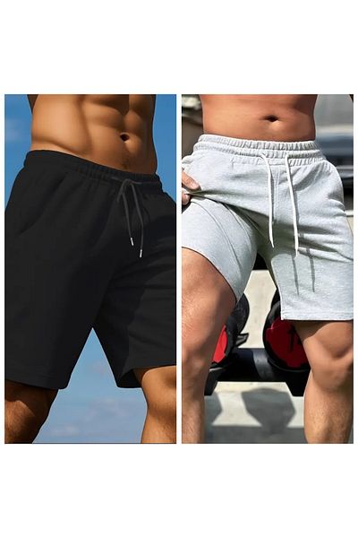 FİTGO Men's Summer 2-Piece Gray Black Shorts