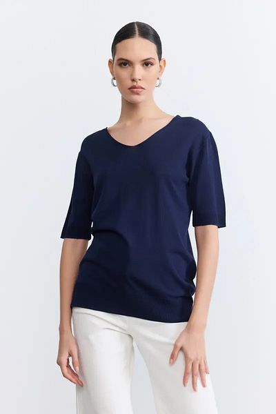 Gusto Πλεκτή μπλούζα με κοντό μανίκι Mercerized V-Neck - Navy Blue