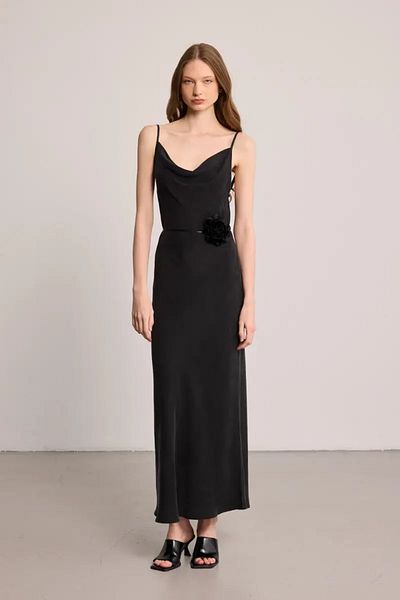 Gusto Thin Strap Lyocell Dress with Decorated Collar - Black