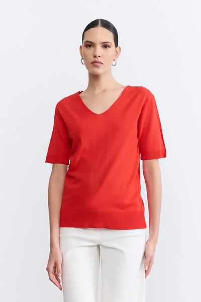 Gusto Πλεκτή μπλούζα με κοντό μανίκι Mercerized V-Neck - Pomegranate Flower