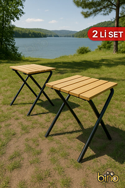 Bino 2 ADET Kamp ve Bahçe Taburesi Sandalye Suya Dayanıklı Şık Ahşap Tasarım Katlanır Ahşap Kamp Taburesi