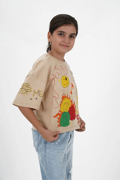HayKids Girl's Beige Single Jersey Fabric Crew Neck Printed Tshirt