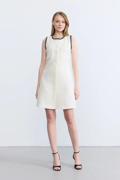 Gusto Ecru Tweed Gilet Dress