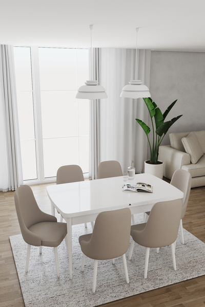 DEREN HOME Are Serisi 80x130 Açılır Masa 6 Adet Kapiçino Sandalye Metal Ayakl...