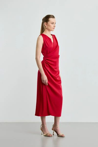 Gusto Wrap Cut Long Satin Dress - Red