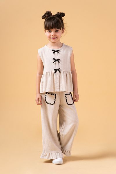 Minipodyum Girl's Bow Detailed Pocket Linen Double Set