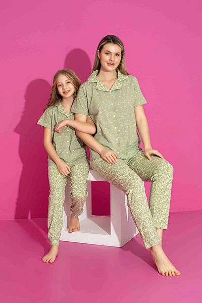 Tarık Mother Daughter Combination κοντομάνικο πουκάμισο μακρύ πάτο Lycra χτενισμένο βαμβακερό ύφασμα μεσαίου πάχους σετ πιτζάμες-3023