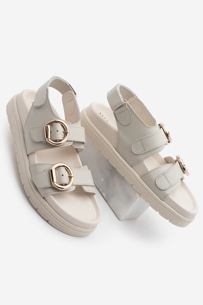 Marjin Women's Genuine Leather Banded Back Velcro Thick Sole Daily Sandals Tupiza Ecru
