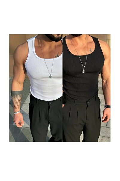 Rublays Men's Black and White 2-Piece Halter Neck Sports Lycra Tank Top