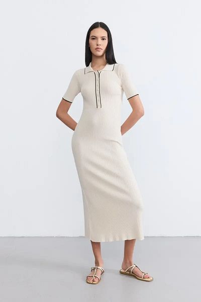 Gusto Polo Neck Buttoned Knitwear Dress - Ecru