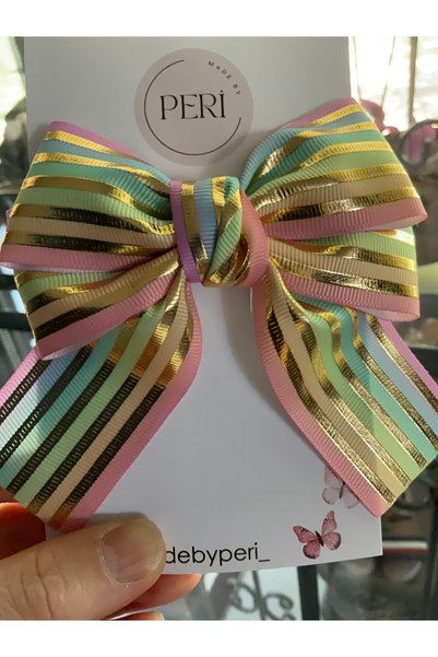 MADE BY PERİ Buckle; Striped, Gold Striped Ribbon, Child, Adult Bow Buckle.