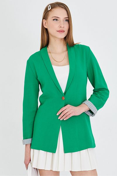 armonika Women's Grass Green Striped Inside Sleeve Single Button Jacket Arm-22K 001122