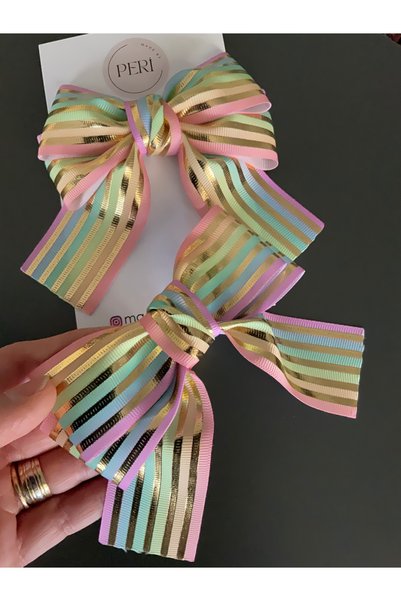 MADE BY PERİ Buckle; Striped, Gold Striped Ribbon, Child, Adult Bow Buckle.