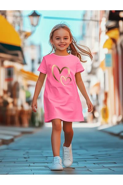 LOUİSA Tricou-Rochie cu imprimeu inimioare aurii roz pentru fete