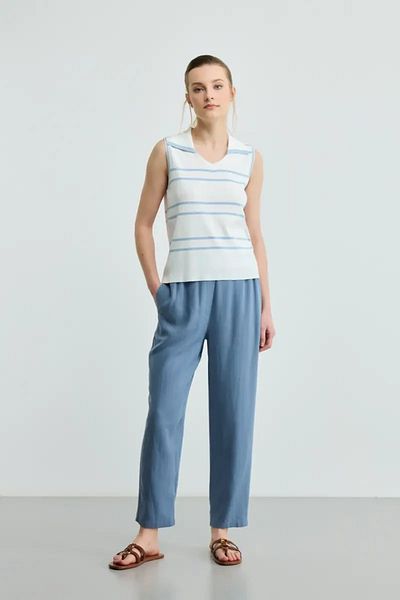 Gusto Polo Neck Striped Knitwear Blouse - Ecru