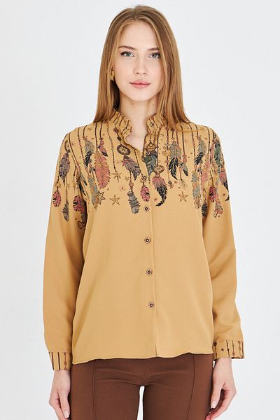 armonika Women's Camel Judge Collar Patterned Shirt Arm-25Y 001013