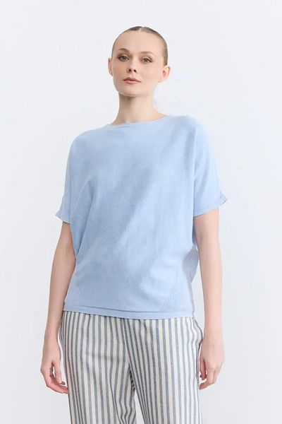 Gusto Bluză din tricot din bumbac cu umăr dezactivat - Albastru