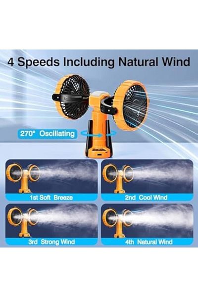Generic Double Head Camping Fan with LED Light, 8000mAh Battery, 270° Oscillation, 360° Rotation