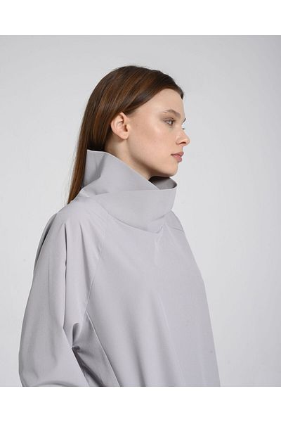 Monolou Asymmetrical High Collar Pocket Side Zipper Slit Long Active Top