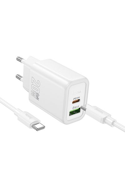 REDz Accessories Set adaptor HOCO N61 și cablu Type-C, pentru iPhone 15/16 și Android, încărcare rapidă 20W, alb