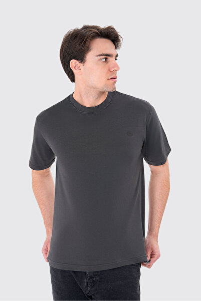 UNIQVIBE Basic %100 Organik Pamuk Logolu Antrasit Erkek Tişört