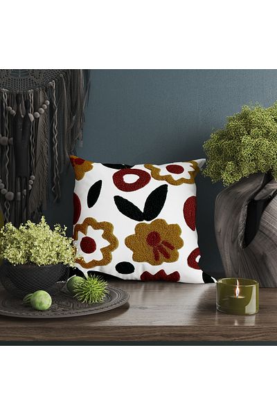 Ahsen Dekoratif Embroidery Patterned Daisy and Flowers Digital Print Luxury Velvet 4-Piece Throw Pillow Cover Set...