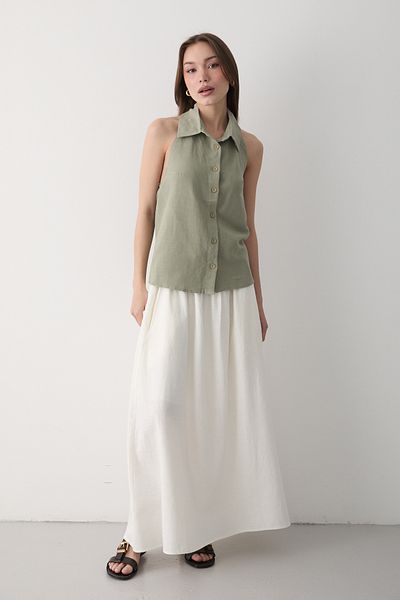 JASTE Women's Khaki Collared Zero Sleeve Linen Blouse with Open Elastic Back
