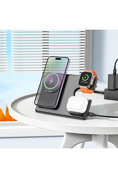 REDz Accessories Suport 3 în 1 cu încărcare wireless de 15w, Hoco Cq1, compatibil cu Apple, pliabil, negru