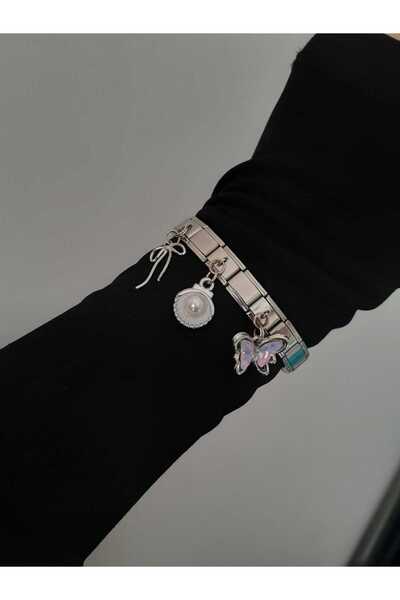 bijoux uniques Fiyonk&Kelebek&İstiridye Figürlü Çelik İtalyan Charm Bileklik