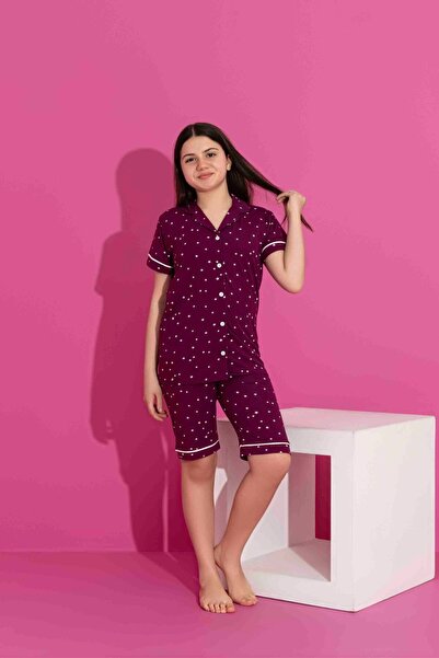 Tarık Anne Kız Kombin Kısa Kollu Gömlek Şortlu Milan Kumaş Yıldızlı Orta Kalın Pijama Takımı-3083