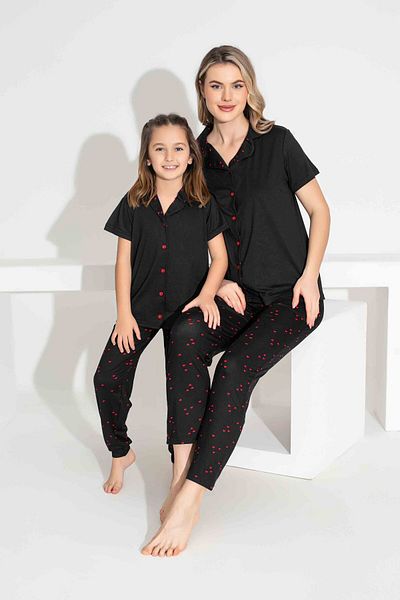 Tarık Mother Daughter Combination Short Sleeve Shirt Long Bottom Milan Fabric Medium Thick Pajama Set-2922