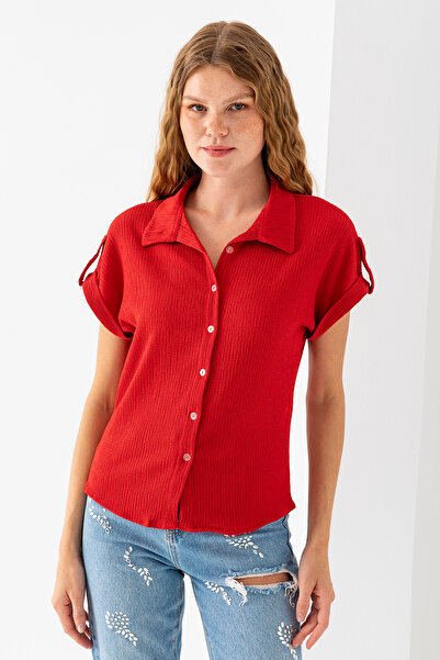 GİYSA Kadın Gömlek Yaka Kısa Kollu Bürümcük Bluz Kırmızı - 20270