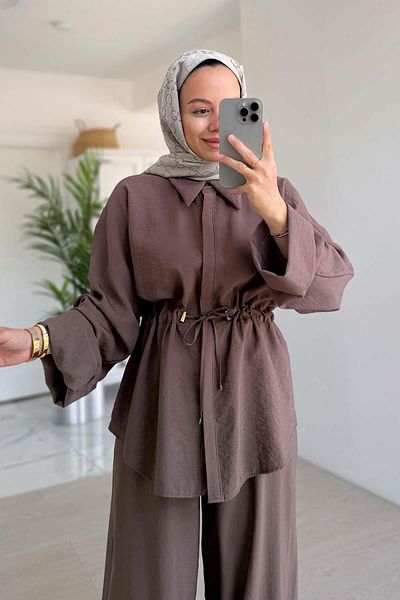 Ka Hijab Relaxed Fit Shirring Detailed Suit - Brown