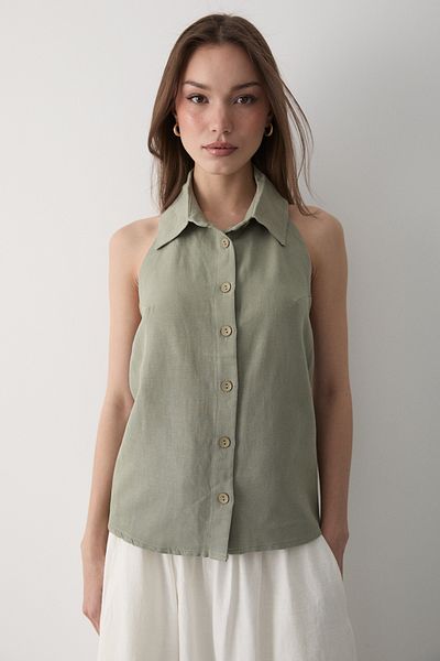 JASTE Women's Khaki Collared Zero Sleeve Linen Blouse with Open Elastic Back
