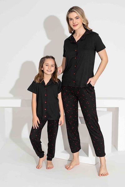 Tarık Mother Daughter Combination Short Sleeve Shirt Long Bottom Milan Fabric Medium Thick Pajama Set-2922