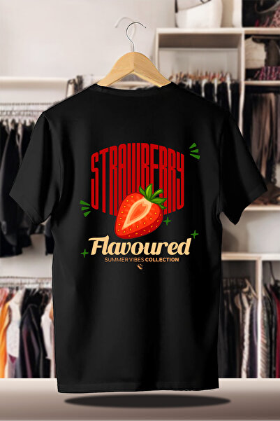 CC STORE Tricou negru din bumbac, imprimat supradimensionat, cu 3 fire |   Vară Vară cu aromă de căpșuni