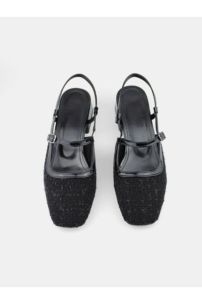 MAGGIO Black Tweed Fabric Blunt Toe Casual Women's Heeled Ballerina Shoes