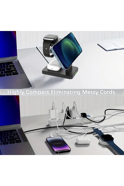 REDz Accessories Încărcător wireless Magsafe 3 în 1, iPhone/Apple Watch/Airpods, încărcare rapidă, 15W, negru