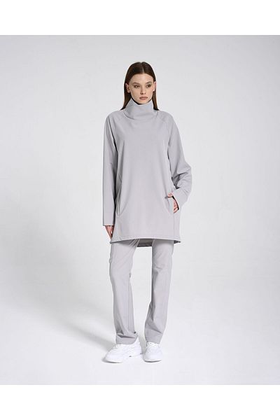 Monolou Asymmetrical High Collar Pocket Side Zipper Slit Long Active Top