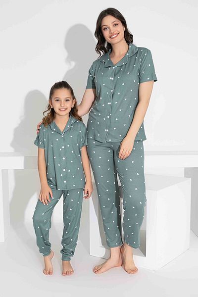 Tarık Mother Daughter Combination Short Sleeve Shirt Long Bottom Milan Fabric Medium Thick Pajamas Set-2909