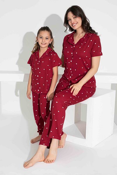 Tarık Mother Daughter Combination Short Sleeve Shirt Long Bottom Milan Fabric Medium Thick Pajamas Set-2909