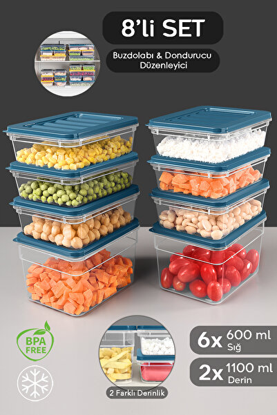Meleni Home 8'li Mikrodalga Uyumlu Organizer Set Düzenleyici Gıda Erzak Saklama Kabı Derin ve Sığ S Mavi