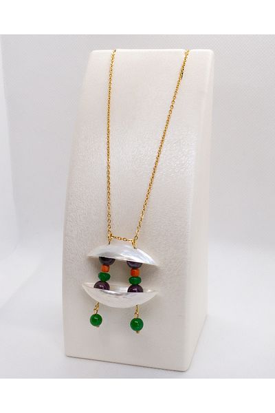 Luna Steel Necklace with Amethyst, Coral and Agate Natural Stone