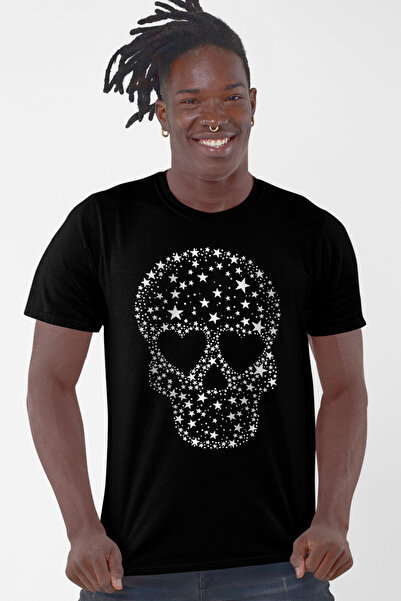 ROCKANDROLL Tricou negru cu mânecă scurtă pentru bărbați cu craniu înstelat