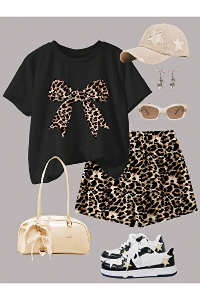 MOONBULL Kadın Leopar Kurdele Baskılı Leopar Şortlu Takım