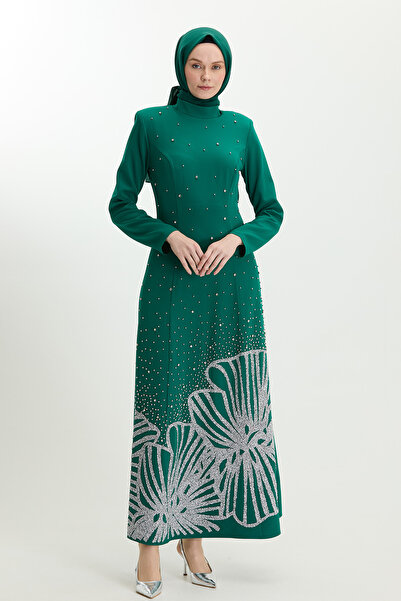 Setrms Taş İşlemeli Çiçek Motifli Abiye Elbise