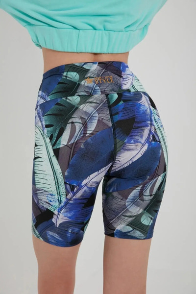 QUHOX Patterned High Waist Short Biker Sports Leggings Blue