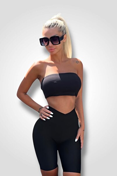 BOMBFIT Γυναικείοι λαμπεροί κολάν V έντονου μαύρου χρώματος