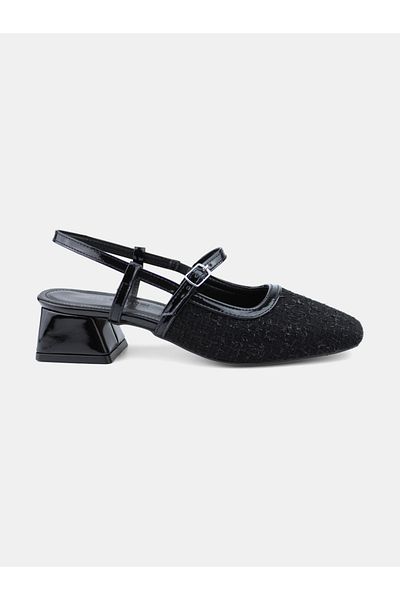 MAGGIO Black Tweed Fabric Blunt Toe Casual Women's Heeled Ballerina Shoes
