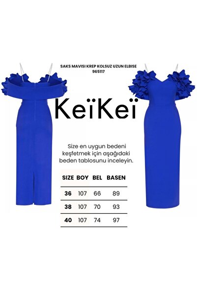 Keikei Saks Mavisi Krep Kolsuz Uzun Elbise